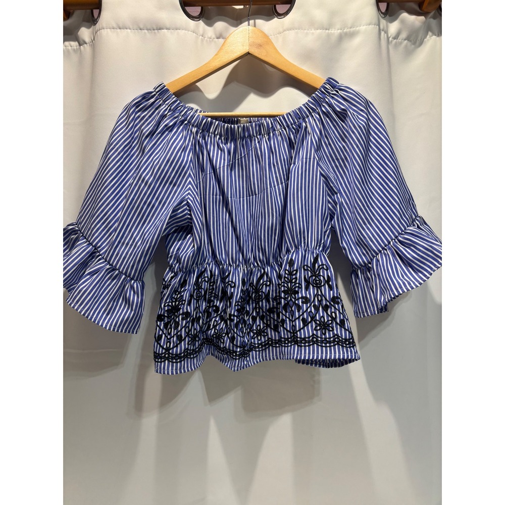 Rebellion Top Women Small Blue White Striped Embroidered Off Shoulder Peplum